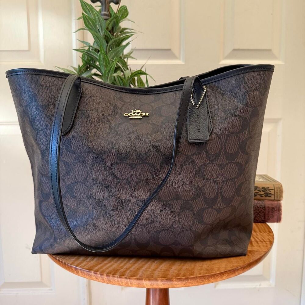 COACH Medium City Tote Bag Signature Canvas 5696 Brown and Black